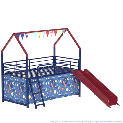 Jack - House Loft Bed With Slide And Curtain Set- HouseOfZazla- {{Product type}}