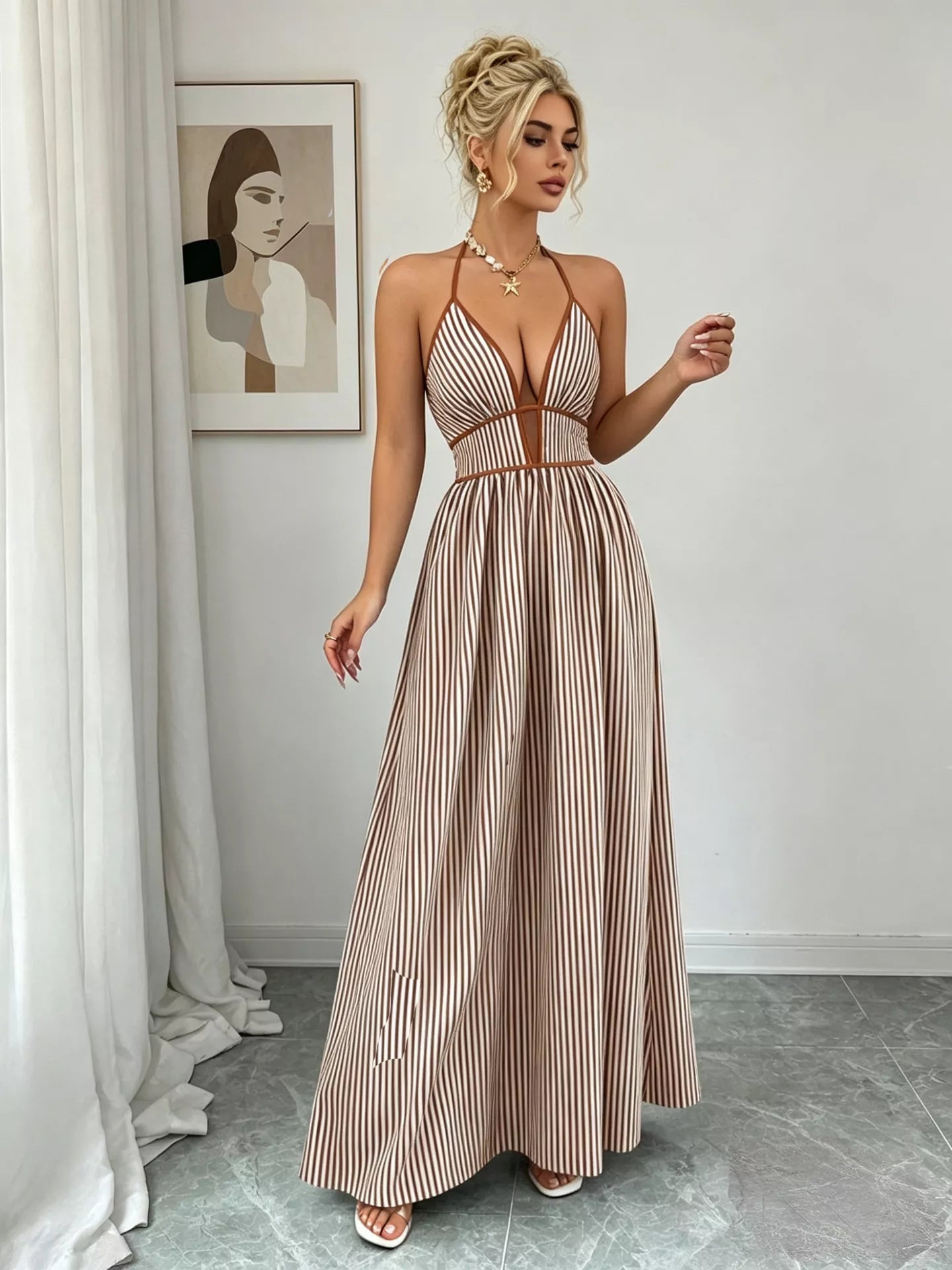 Striped Halter Neck Maxi Dress - -