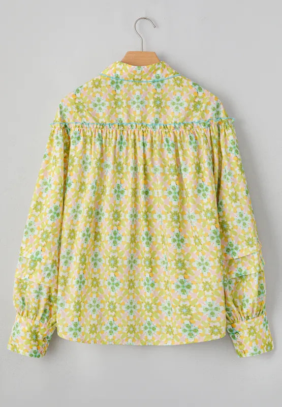 Frill Printed Collared Neck Long Sleeve Blouse - -