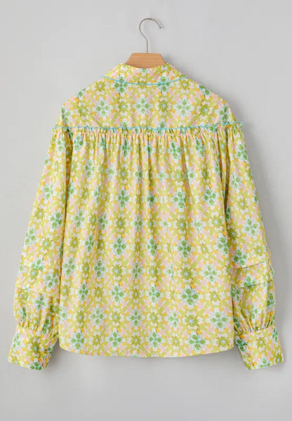 Frill Printed Collared Neck Long Sleeve Blouse - -