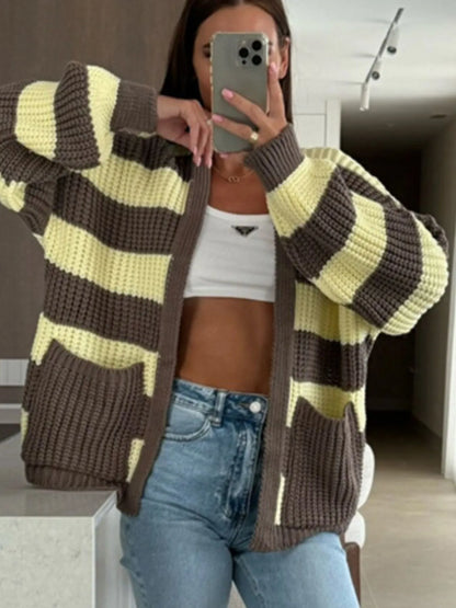 Striped Open Front Long Sleeve Cardigan - -