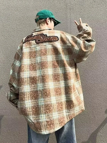 Men's Plaid Zip Up Long Sleeve Jacket - -