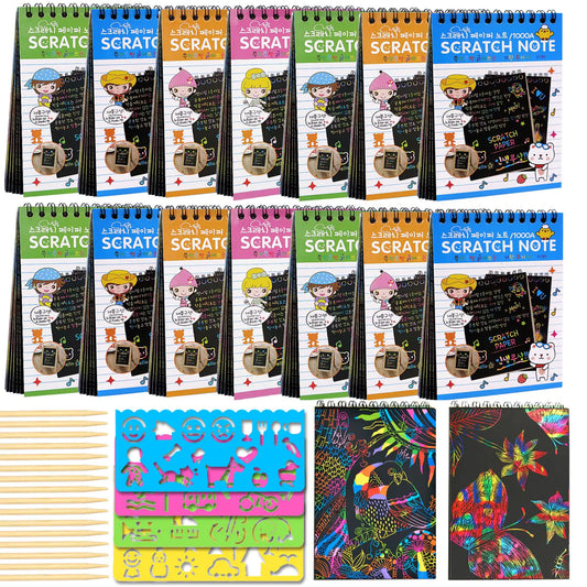 POKONBOY 16 Pack Scratch Arts and Crafts Notebooks Scratch Note Pads for Kids Rainbow Party Favors Coloring Books for Kids Art Party Supplies Stocking Stuffers（16 Wooden Stylus & 4 Drawing Stencils） Kia Day Design