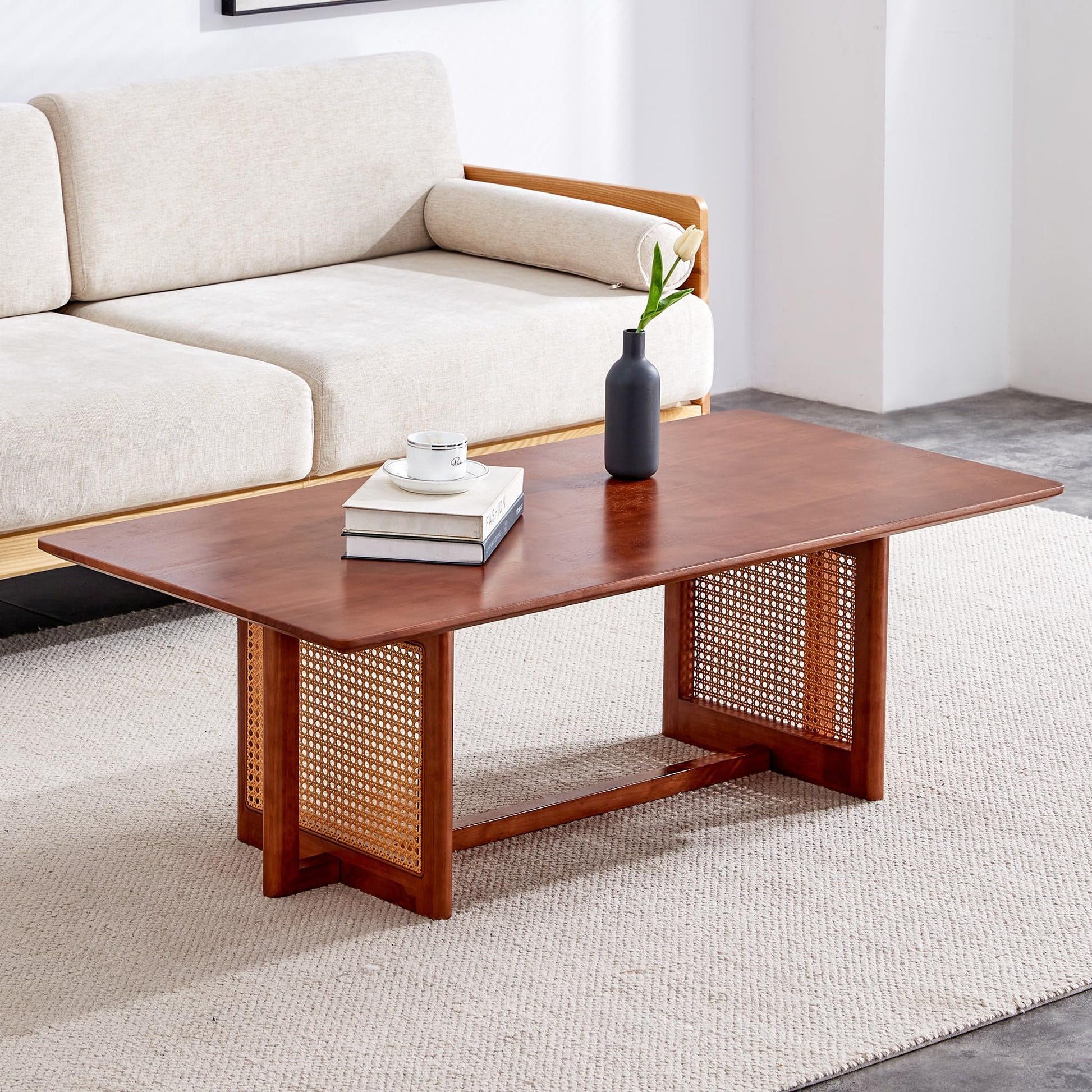 Boho Chic Solid Wood & Rattan Coffee Table 47 Inch - Walnut Color 2 47.24"L x 23.62"W x 15.75"H - table