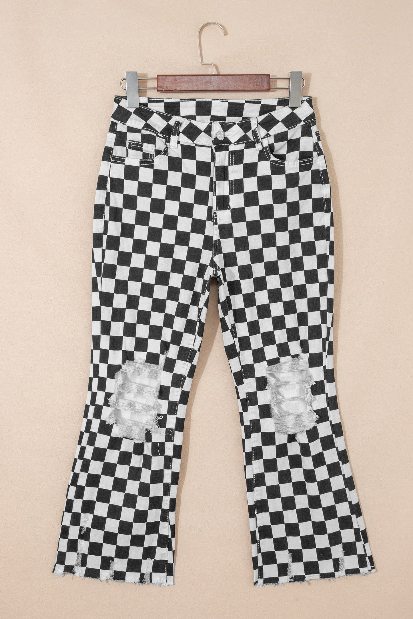 Checker Distressed Raw Edge Cropped Jeans- Pretty Bash- {{Product type}}