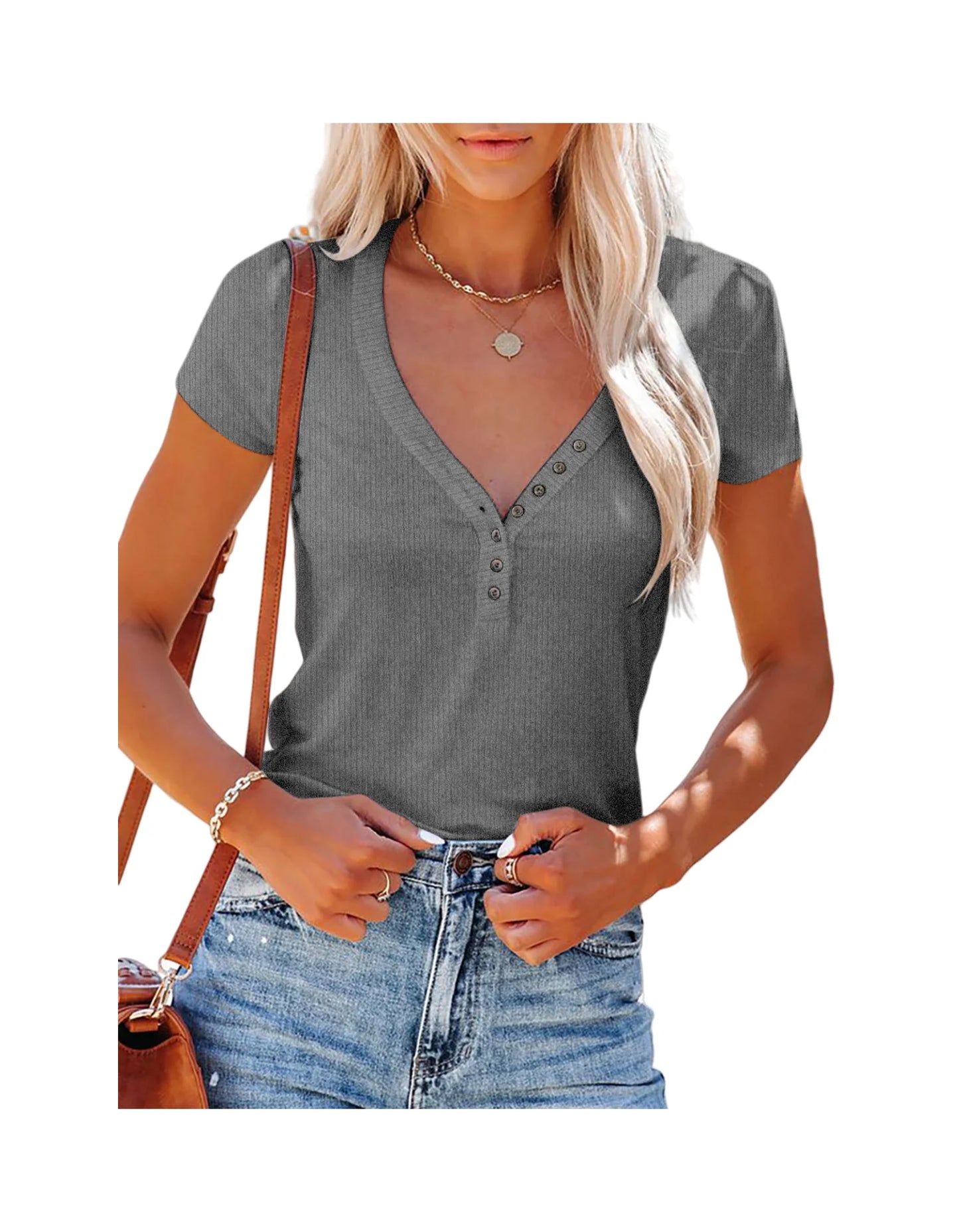 Short Sleeve Casual Deep v Neck Button Ribbed Knit T-Shirt