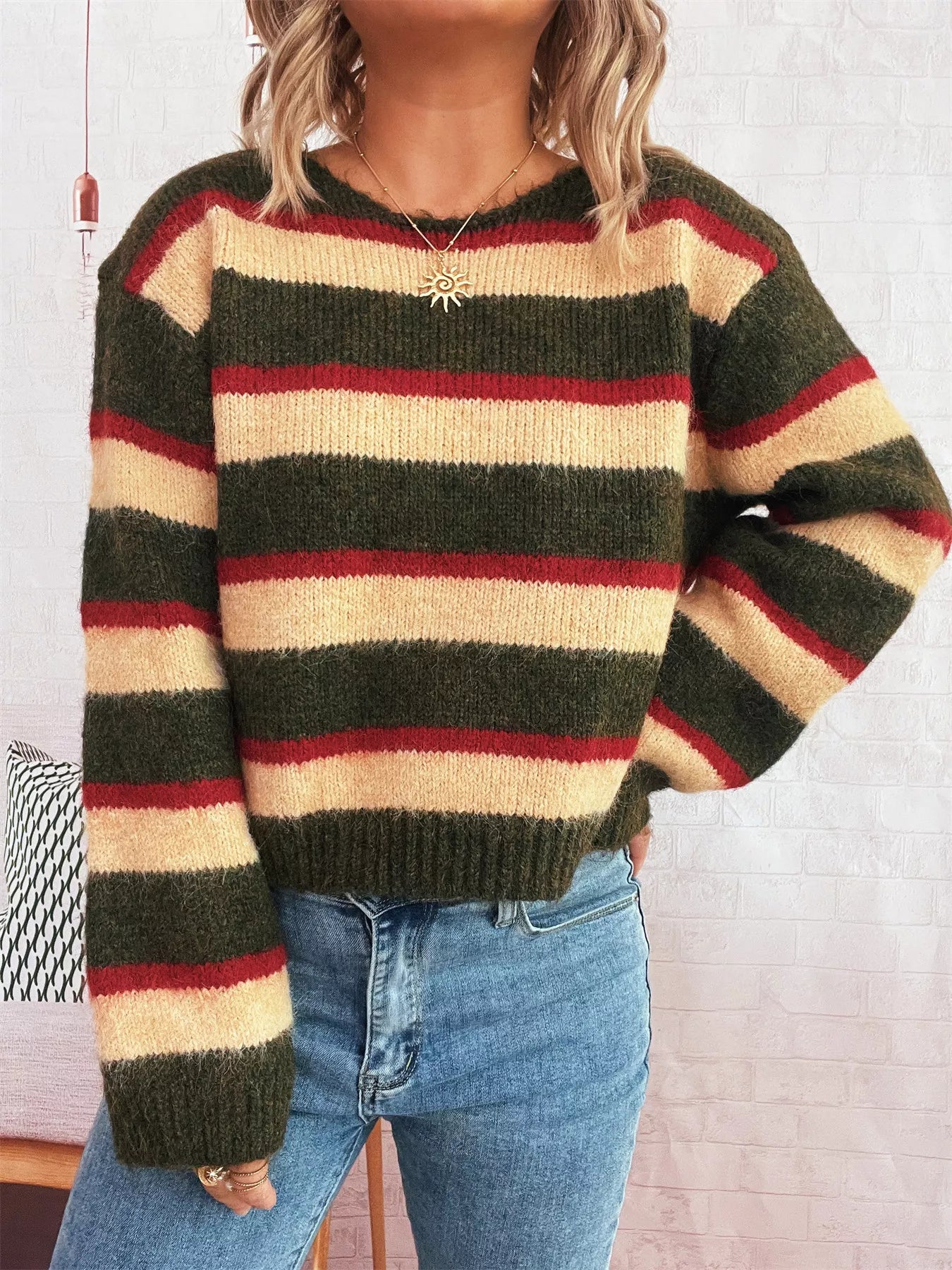 Striped Round Neck Long Sleeve Sweater - -