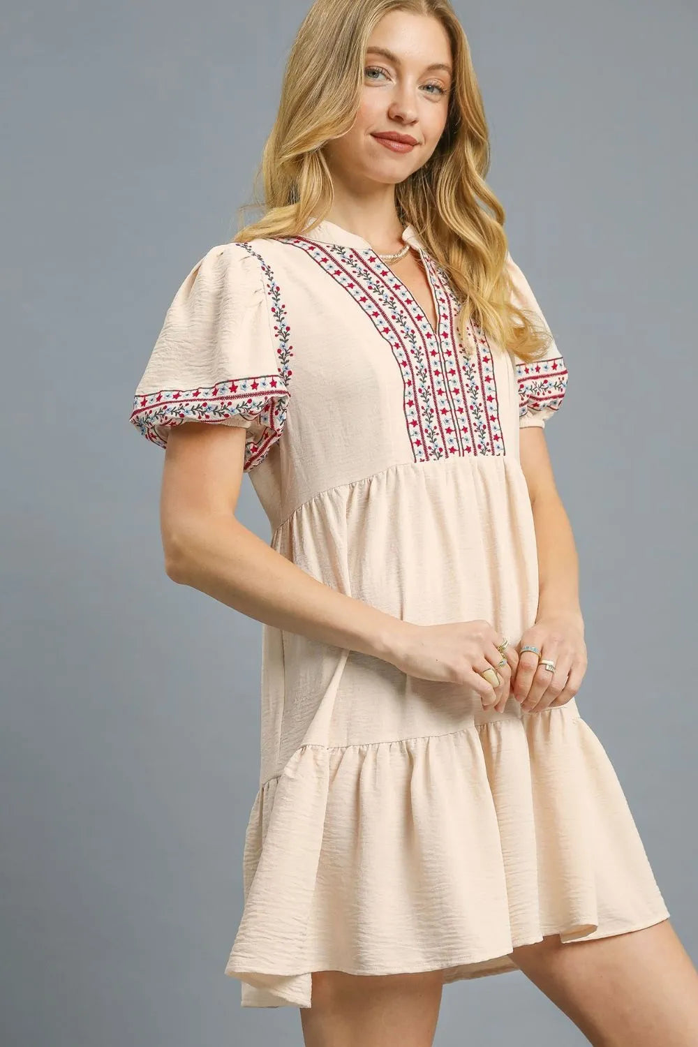 Umgee Floral Trim Puff Sleeve Mini Dress - -
