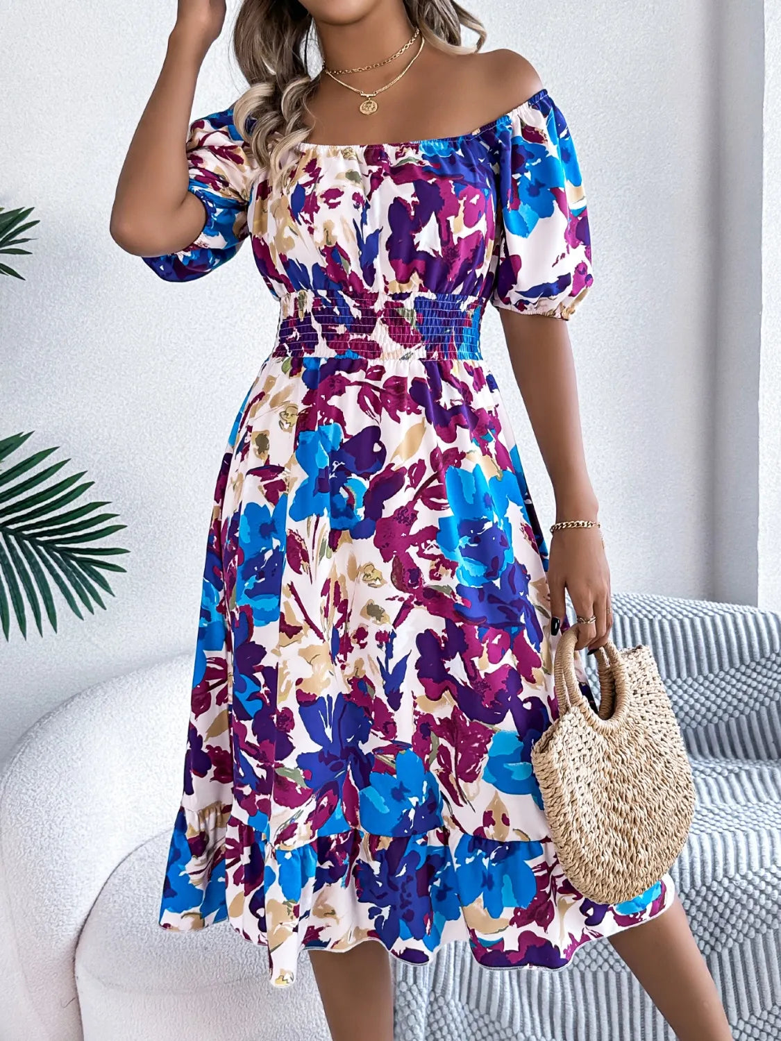 Ruffled Hem Smocked Floral Short Sleeve Midi Dress - -