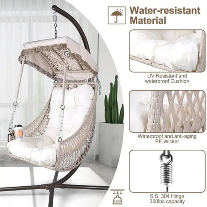 Indoor And Outdoor Swing Egg Chair With Stand, Beige UV Protection Cushion Hanging Chair With Cup Holder Kia Day Design