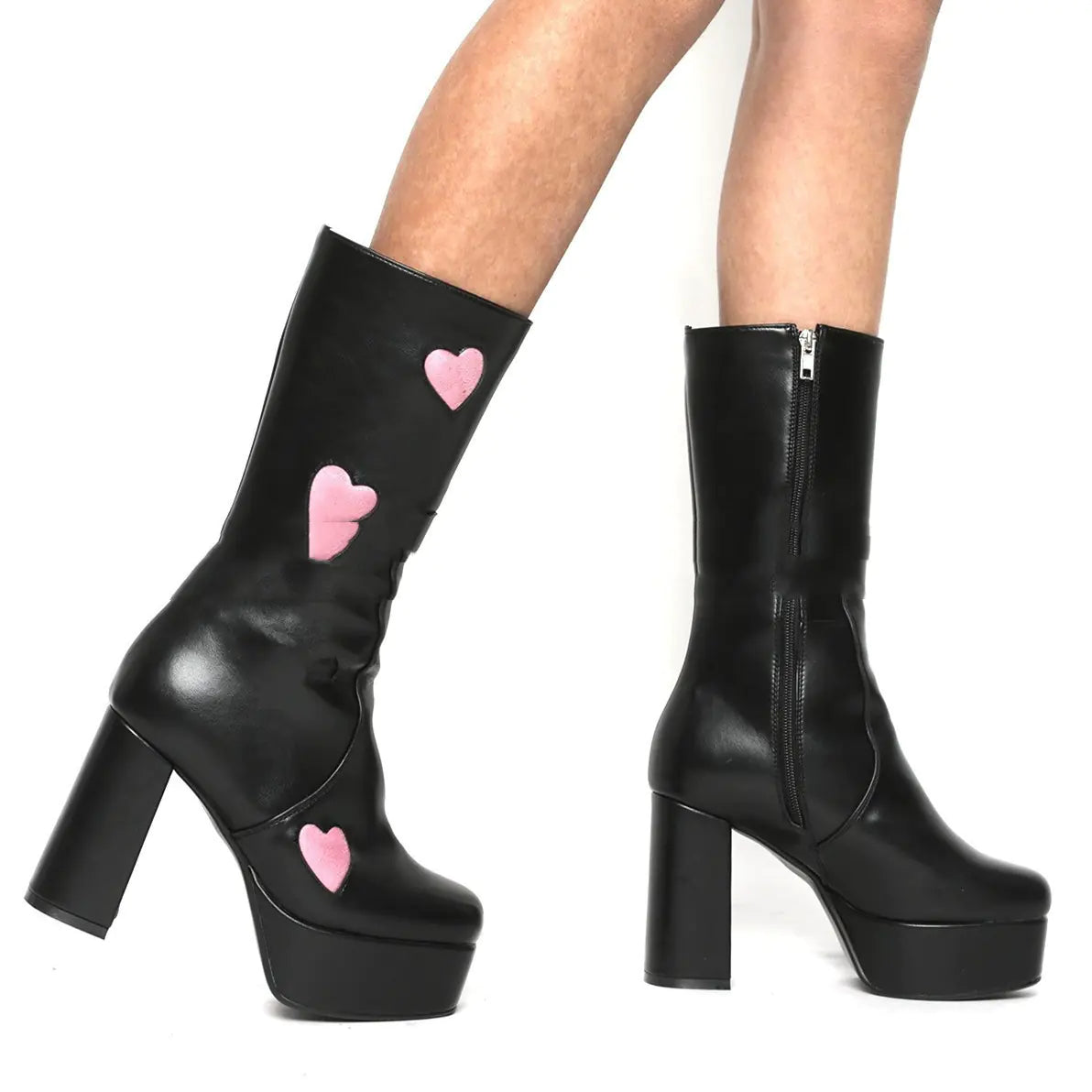 Women's Heart Zip Chunky Heel Mid Boots