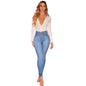 Blue High Waist Skinny Jeans with Button and Pockets - Kia Day Design