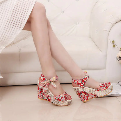 Floral Bow Wedge Heels - - wedge heels