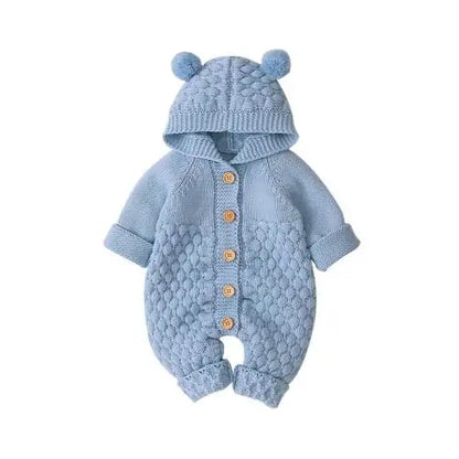 Baby Romper Bear Ear Knit Hooded Jumpsuit Blue 6 Months Old