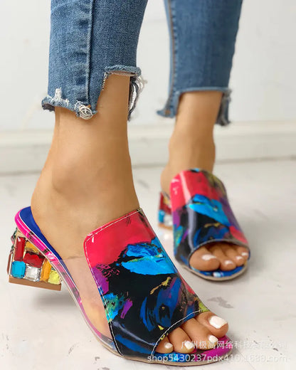 Women's Crystal Peep-Toe Chunky Heels Sandals