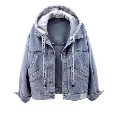 Light Blue Loose Fit Denim Jacket with Hood and Pockets - - jacket