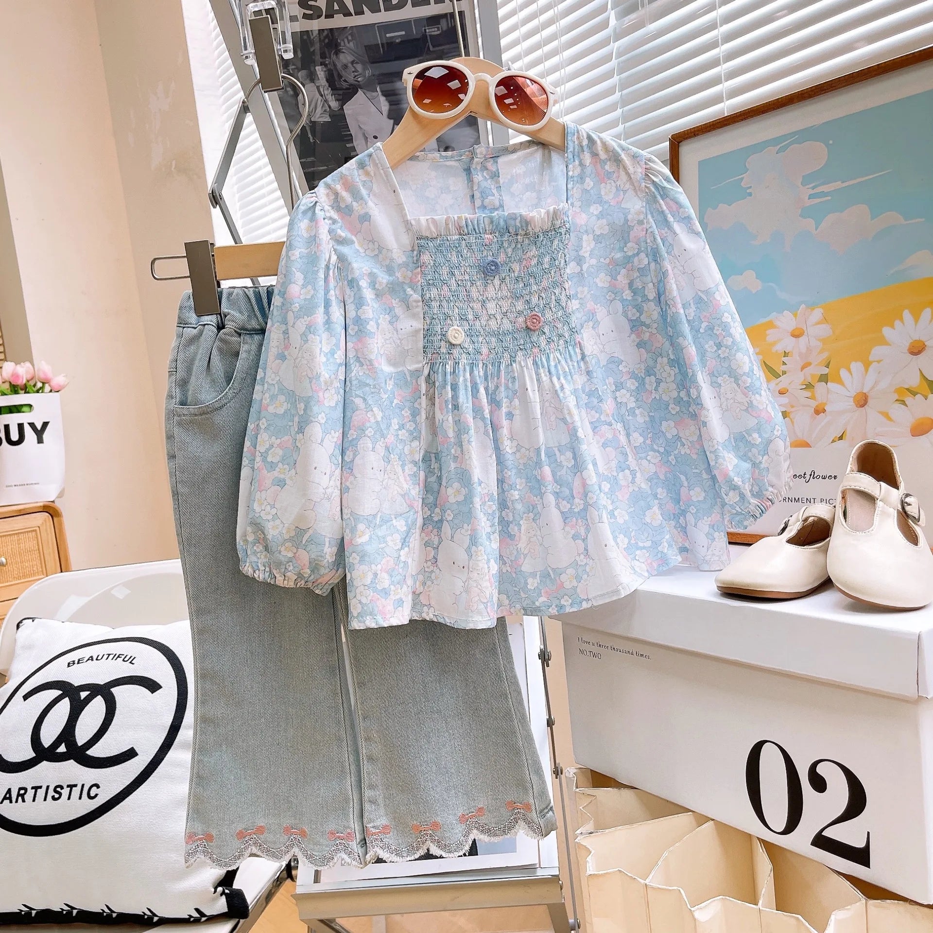 Childrens Floral Pleated Shirt and Embroidered Jeans