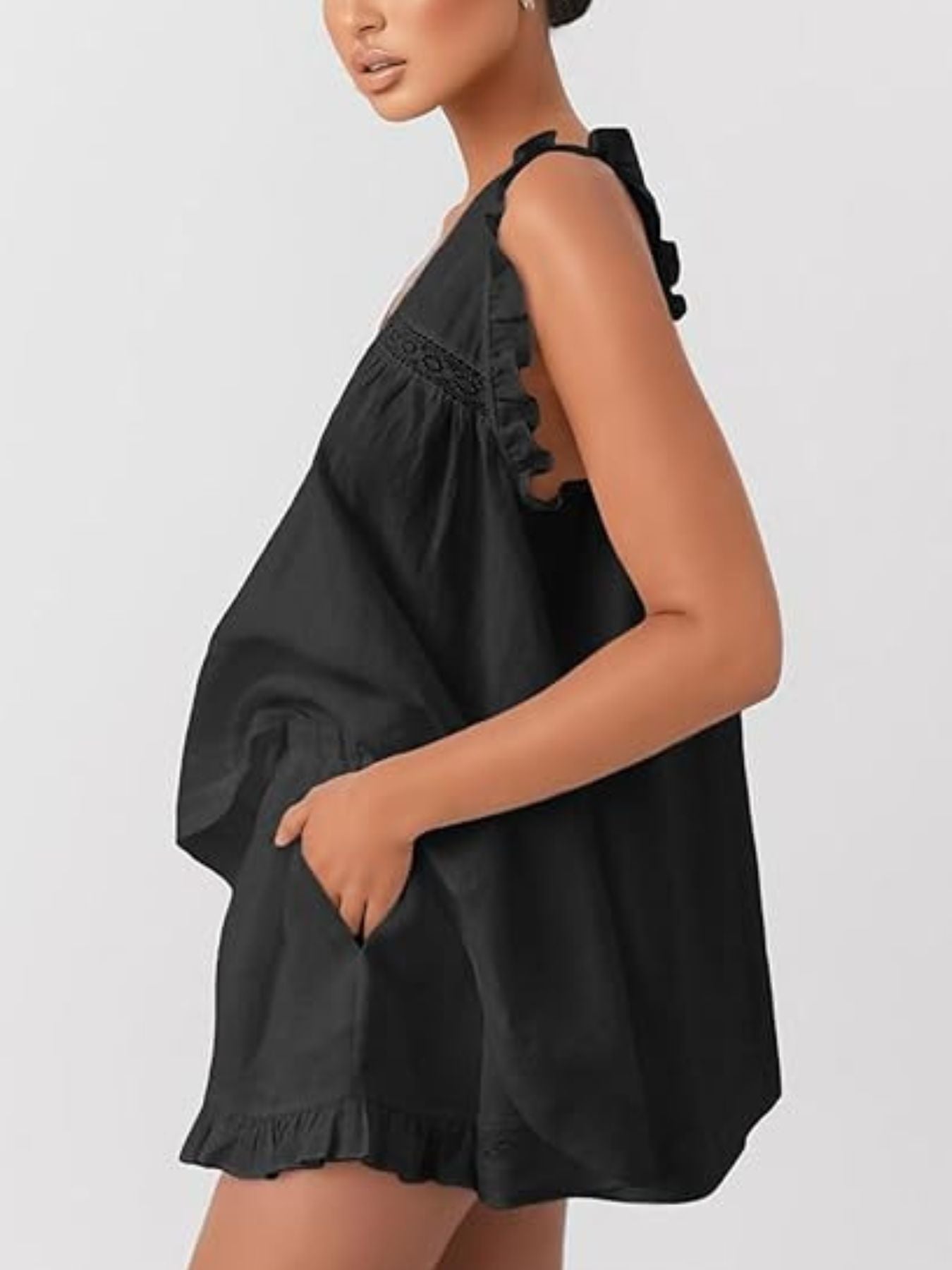 Ruffle Trim V-Neck Top and Shorts Set- Shopimist- {{Product type}}