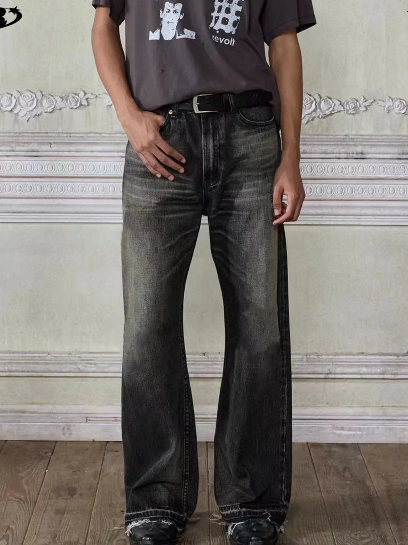 Men's Vintage Washed Frayed Hem Jeans - -
