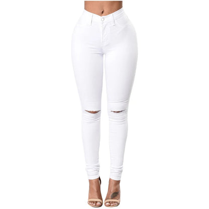 Women's Mid Waist Little Stretch Jeans Slit Knee Denim Pants