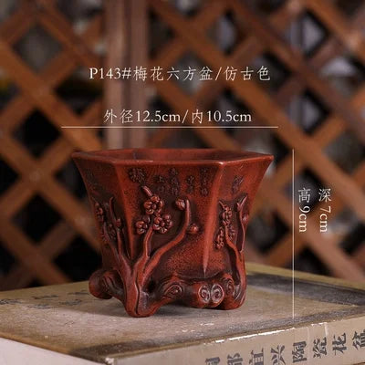 Purple Sand Plum Blossom Bonsai Pot – Carved Traditional Chinese Planter - Burgundy Dia10.5High9cm - Planter