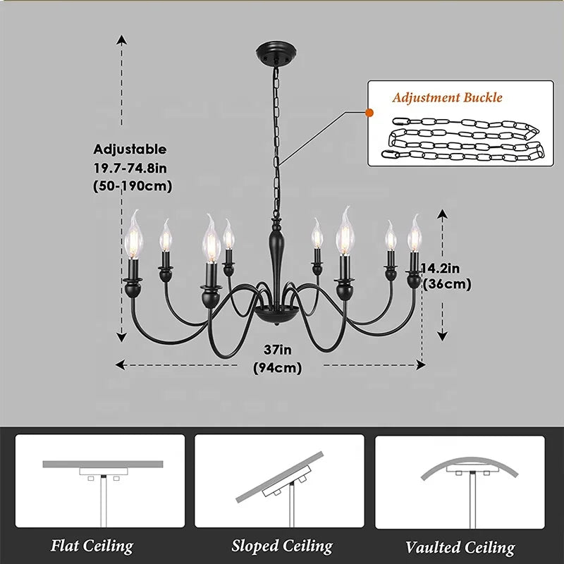 Classic Black Candle 8-Light Ceiling Fixture Farmhouse E12 Bulb Pendant Lights