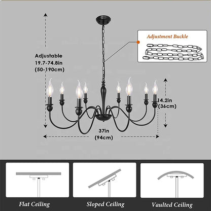 Classic Black Candle 8-Light Ceiling Fixture Farmhouse E12 Bulb Pendant Lights