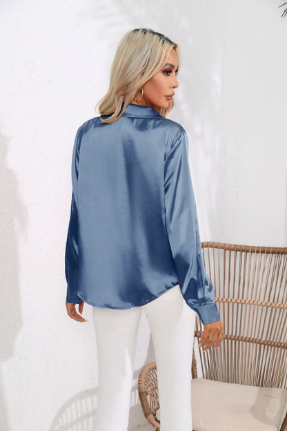 Lapel Collar Button Up Long Sleeve Shirt - -