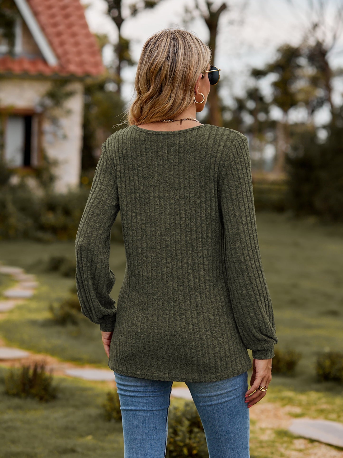 Round Neck Button-Down Long Sleeve Tee - -