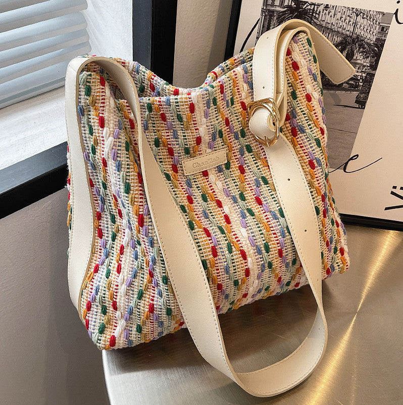 Large Capacity Womens Knit Rainbow Bucket Bag - - handbag
