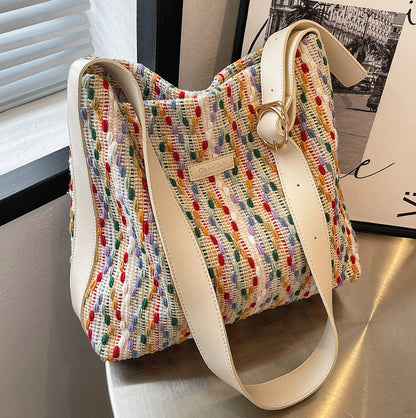 Large Capacity Womens Knit Rainbow Bucket Bag - - handbag