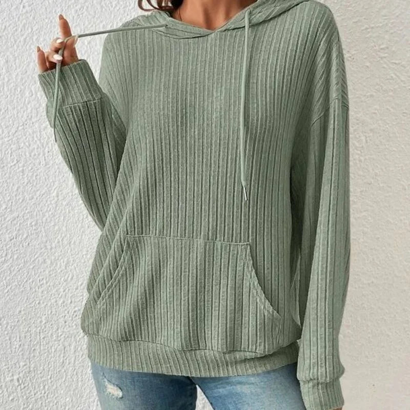 Long Sleeve Round Neck Sweater Hooded Kangaroo Pocket Casual Solid Top