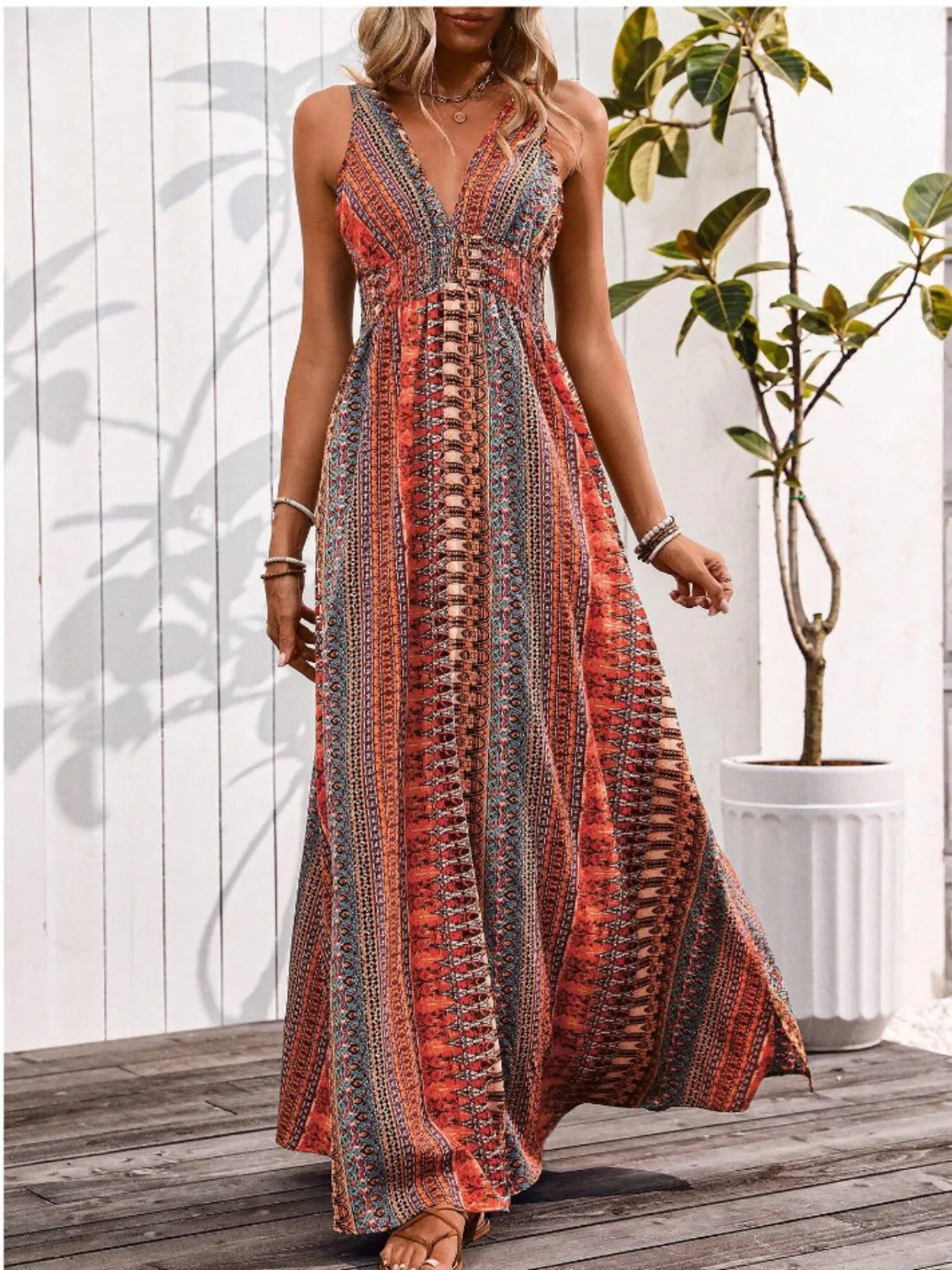 Tied Back Printed Sleeveless Maxi Slit Dress - -