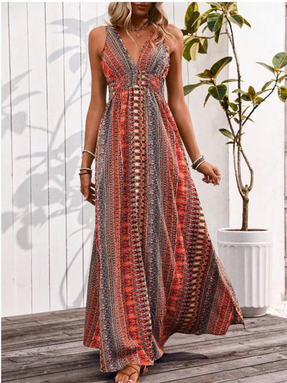 Tied Back Printed Sleeveless Maxi Slit Dress - -