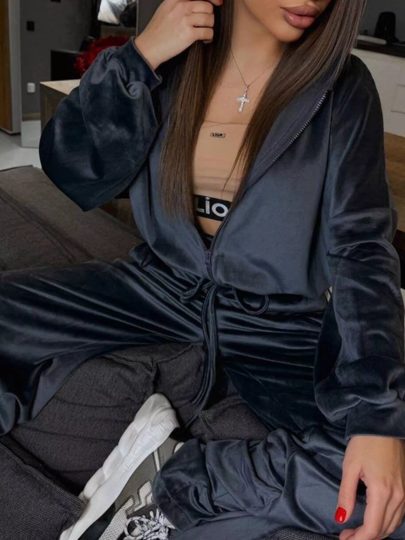 Zip Up Cropped Outerwear and Pants Set - -