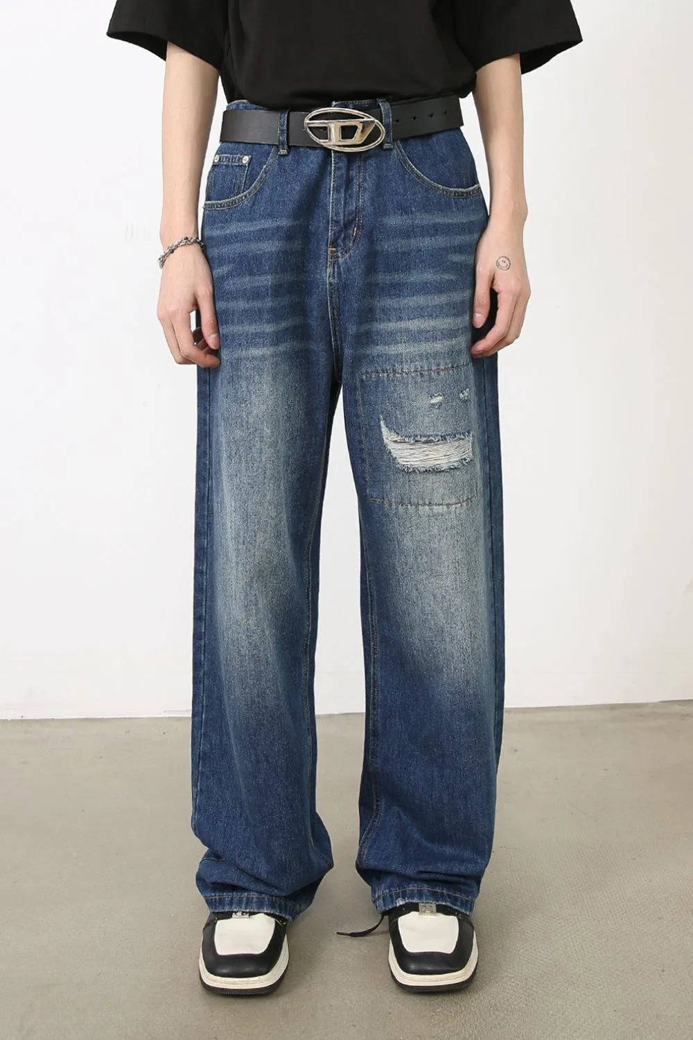 Men's Distressed Jeans with Pockets - -