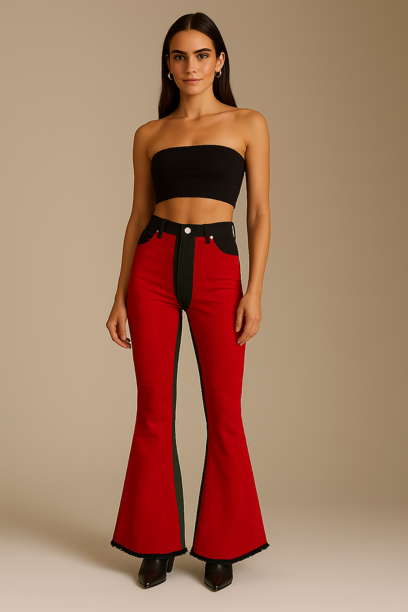 Red Suede Chap Panel Bell Bottom Jeans -32” Inseam- Neon Spur- {{Product type}}