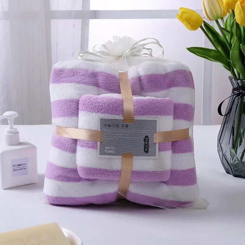 High-Density Padded Knitted Fleece Towel Set Soft Absorbent Candy Strip Pattern