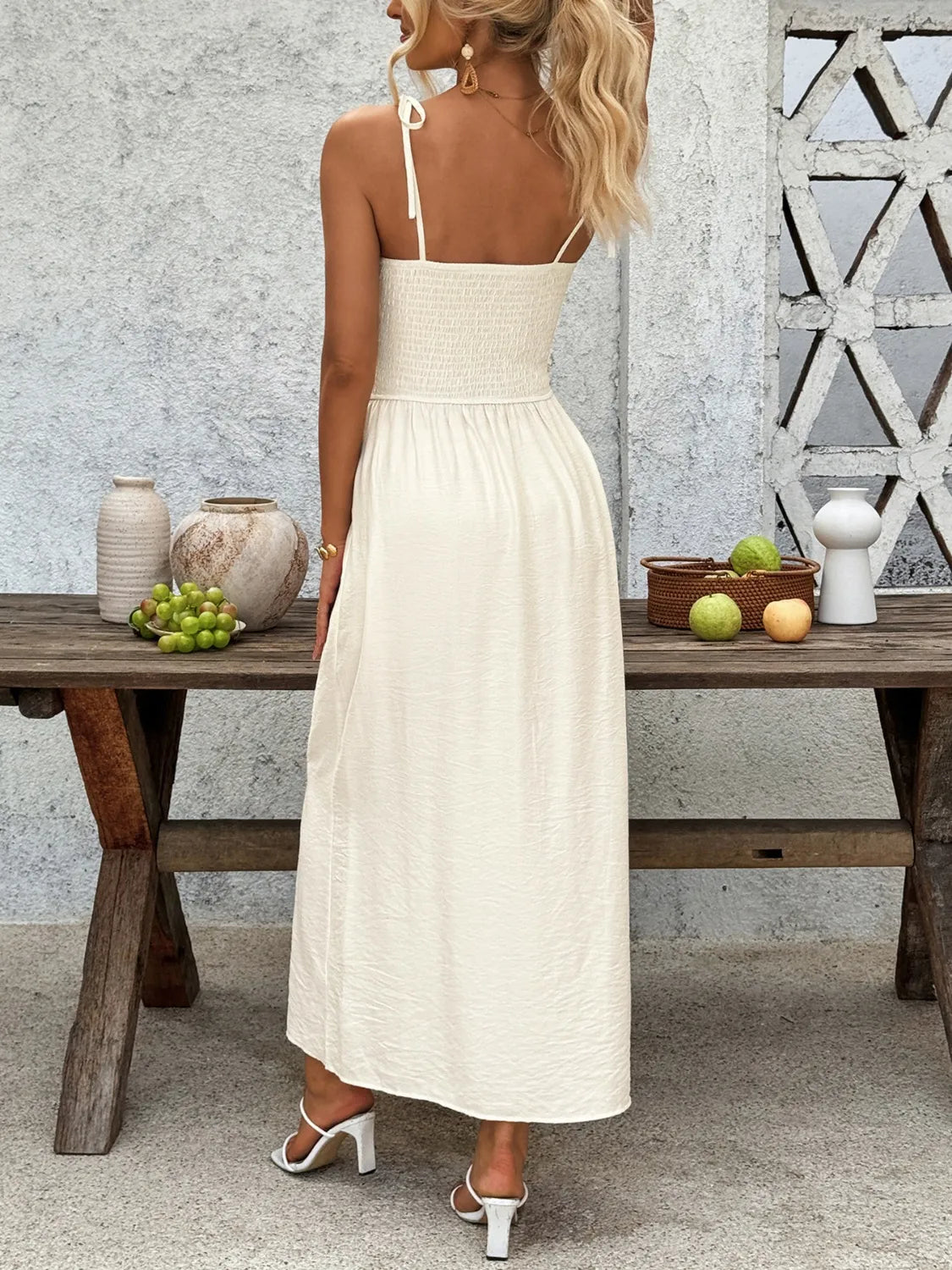 Smocked Button Front Tie Shoulder Dress - -