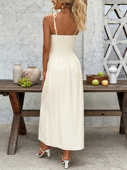 Smocked Button Front Tie Shoulder Dress - -