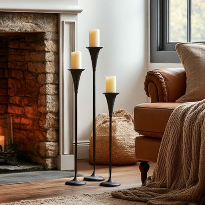 Tall Flared Black Iron Candle Holders, Set of 3 - - Sale