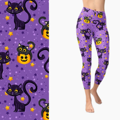 Pretty Kitty Halloween Pumpkins Full Length leggings with Pockets - Kids L XL - LEGGINGS & CAPRIS