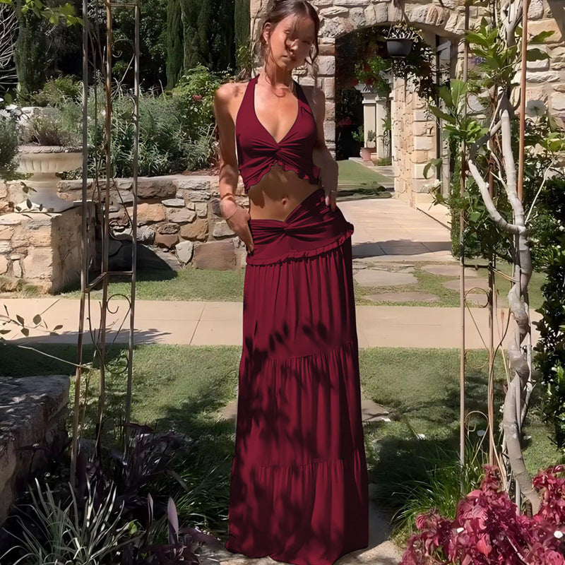 V-Neck Halter Dress Set - Wine Red XL - dress