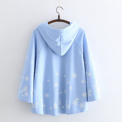 Japanese College Style Cartoon Snowflake Hoodie - Light Blue Free Size - hoodie
