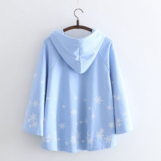 Japanese College Style Cartoon Snowflake Hoodie - Light Blue Free Size - hoodie
