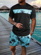 Men's Full Size Tropical Palm Tree Tee and Shorts Set Plus Size - Pastel Blue -