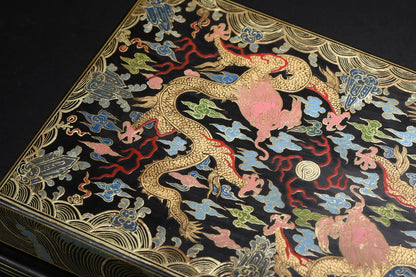 Old Wood Lacquer Wenfang Box – Gold-Outline Floral Dragon Storage - - Deccorative box