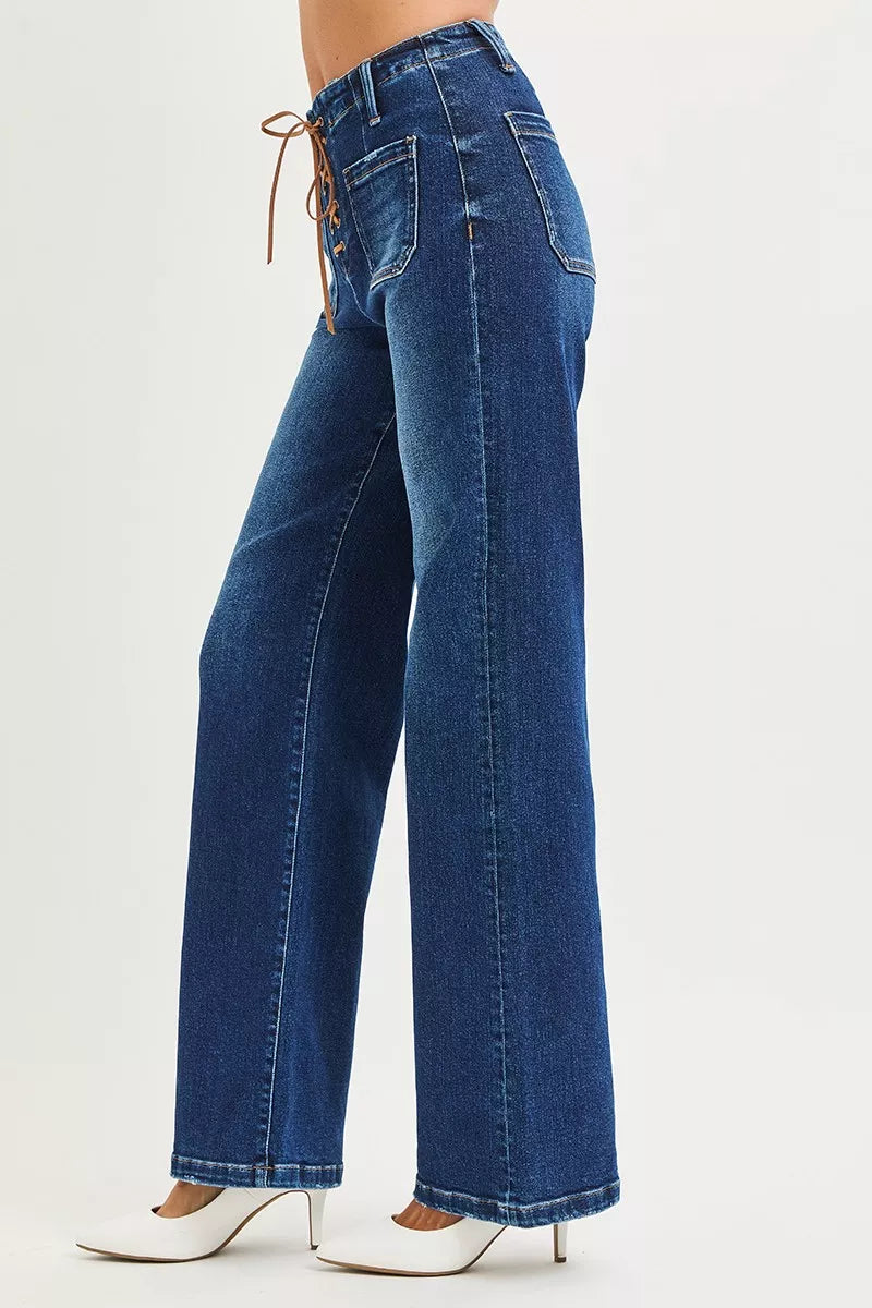RISEN Full Size High Rise Wide Leg Jeans with Front Tie - - jeans