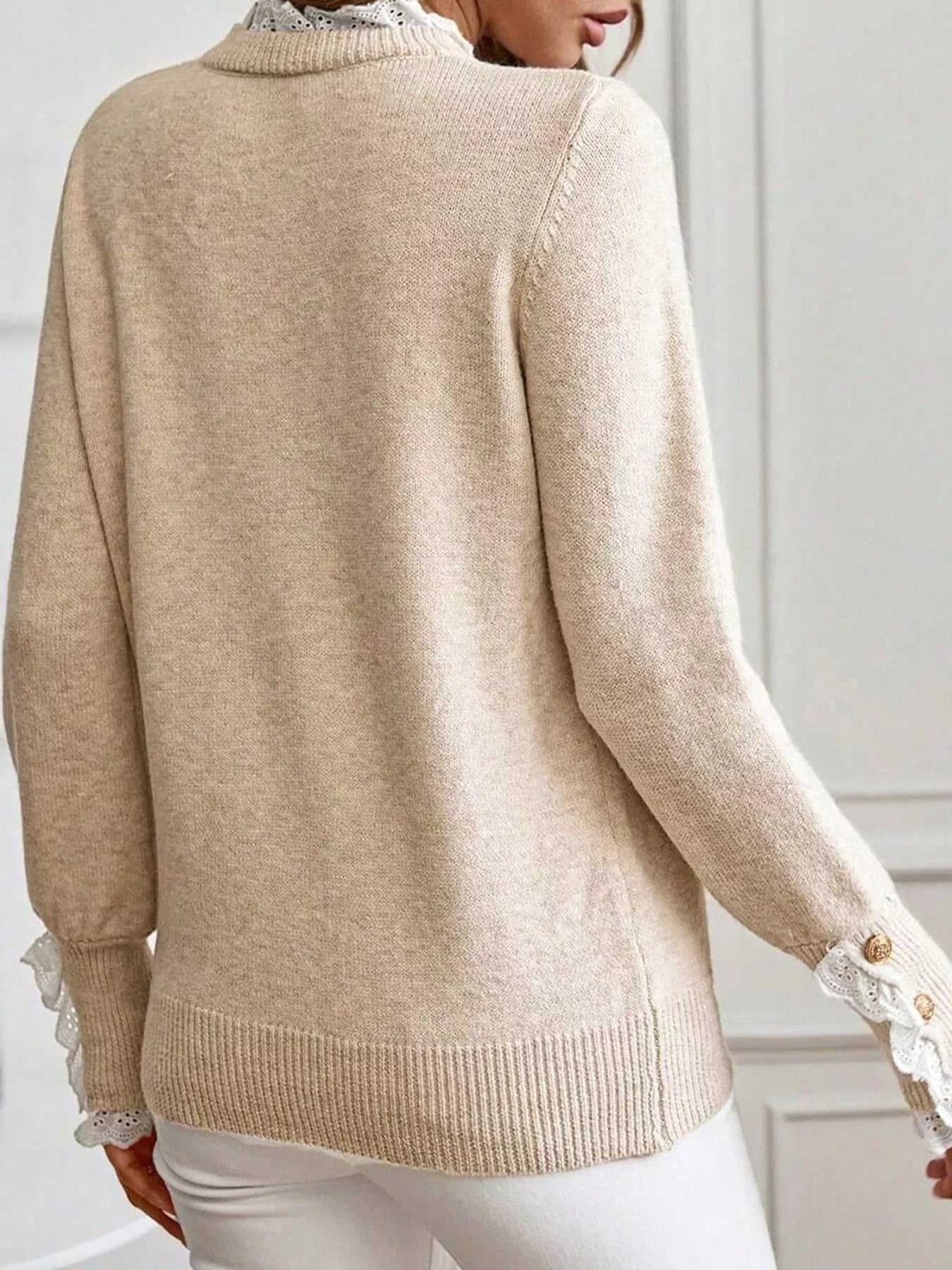 Lace Trim Button Cuff Long Sleeve Sweater - -