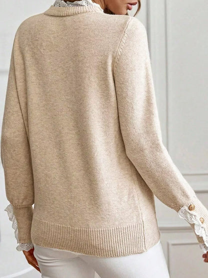Lace Trim Button Cuff Long Sleeve Sweater - -